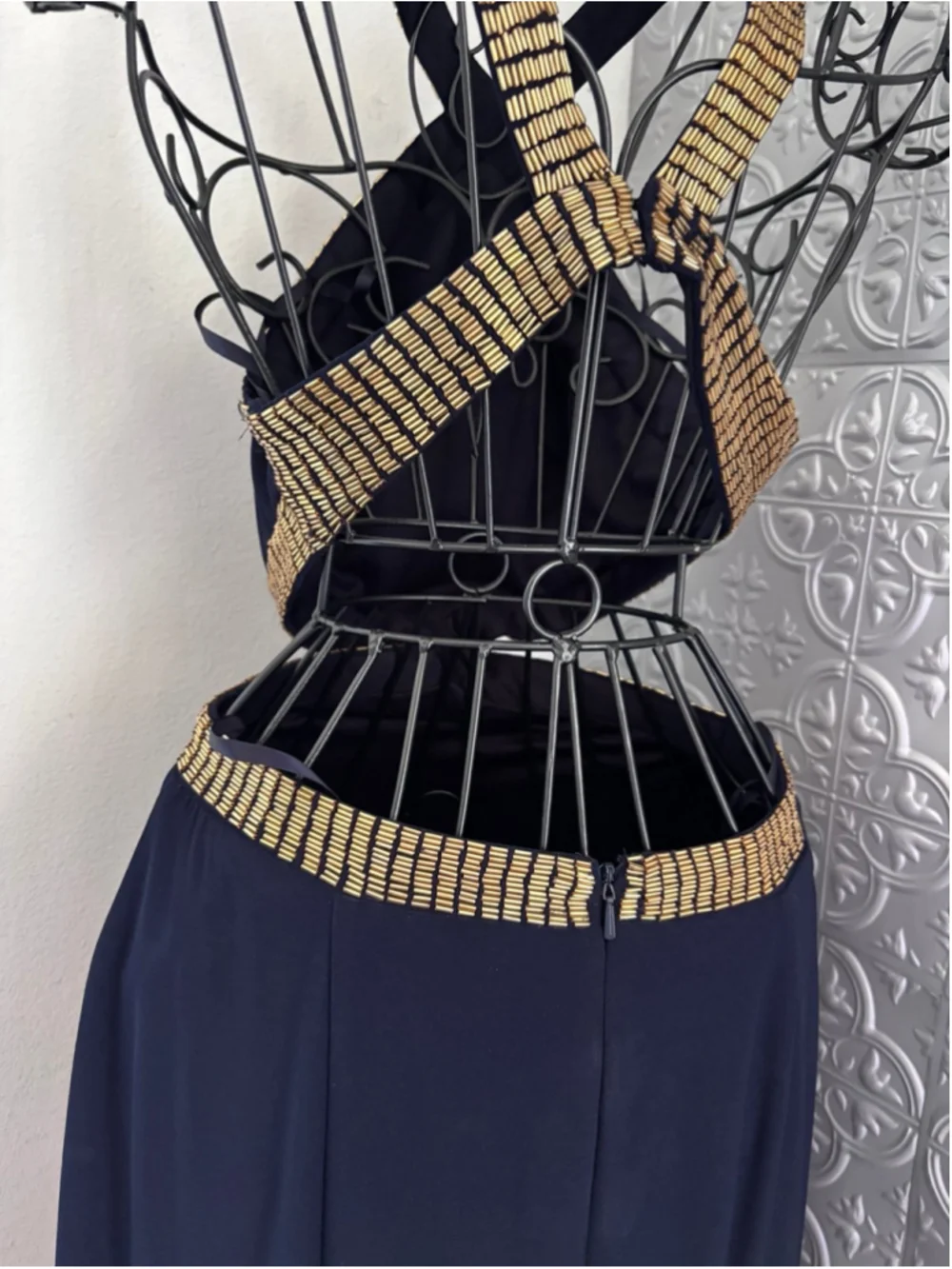 Joanna Chen Elegant Cut out padded beaded gown halter maxi dress navy blue gold